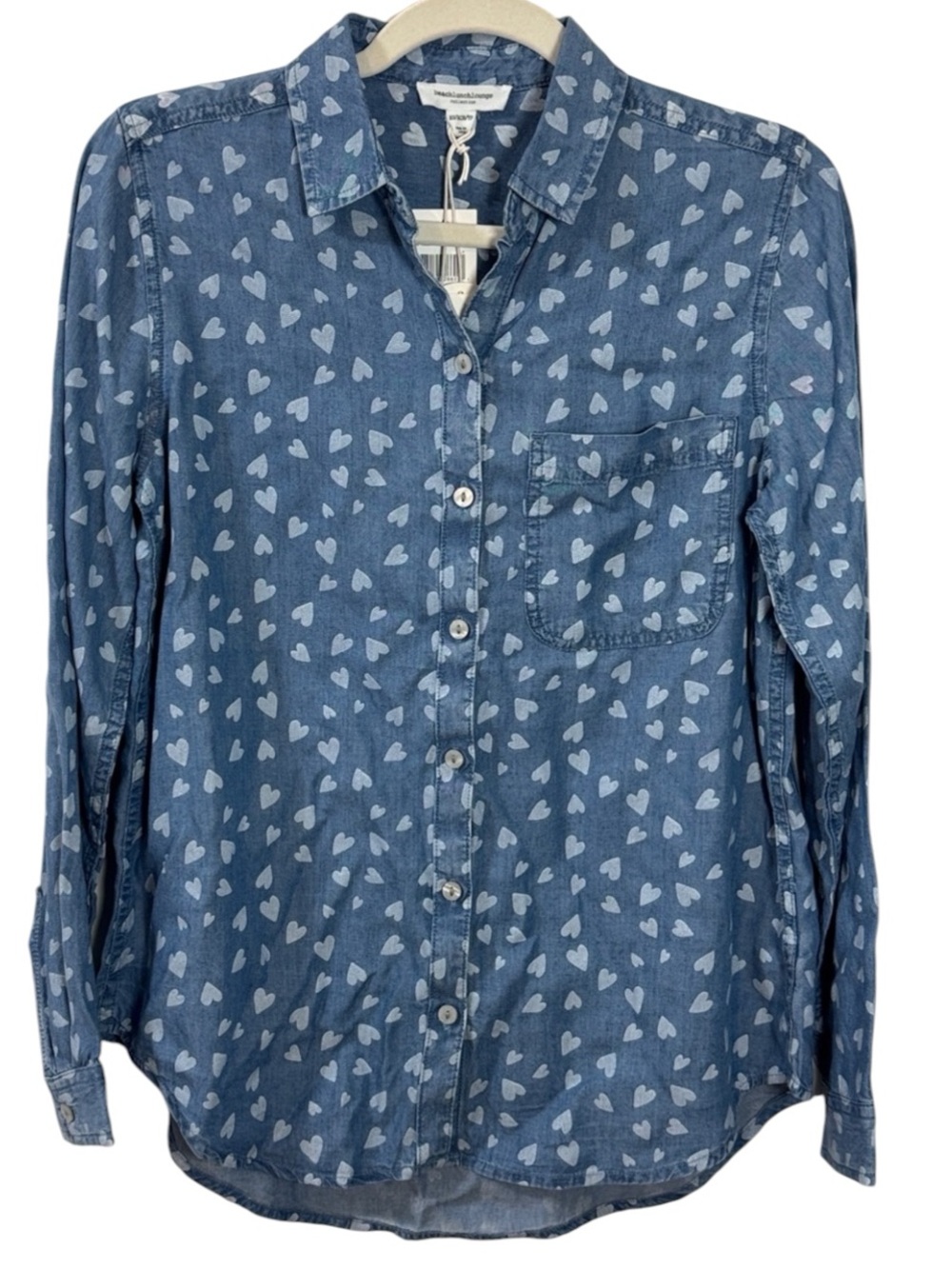 beachlunchlounge Blue Heart-Print Denim (Lyocell) Button-Down Shirt - Size XS
